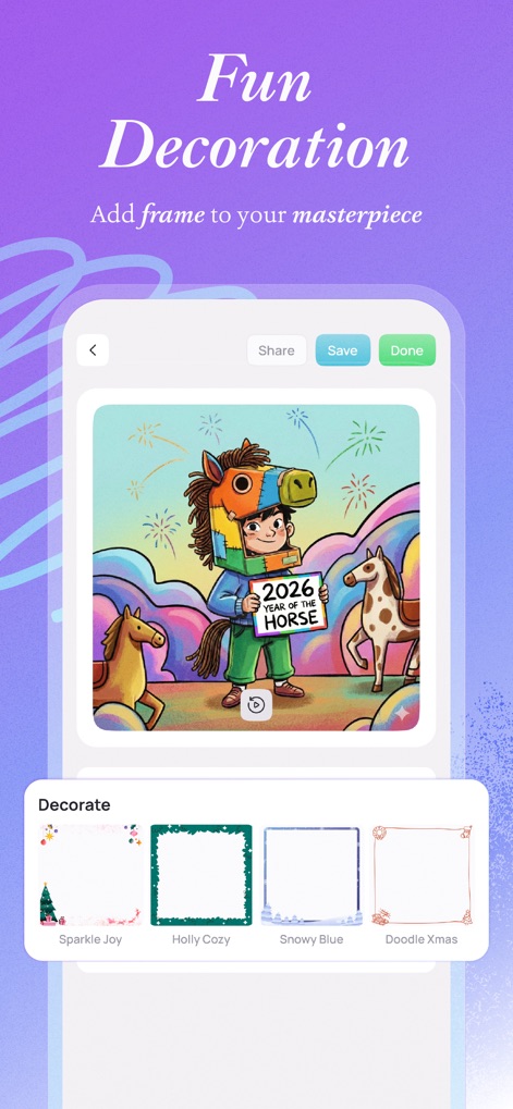 Artsy Artasy - Adult Coloring - Após colorir, os usuários podem adicionar toques finais com opções de molduras decorativas, como 'Holly Cozy' ou 'Sparkle Joy', e salvar ou compartilhar suas obras-primas com facilidade.