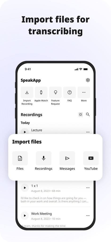 SpeakApp AI: Voice Notes - Explore the app's versatile import options, allowing users to transcribe content from diverse sources like local files and YouTube videos.