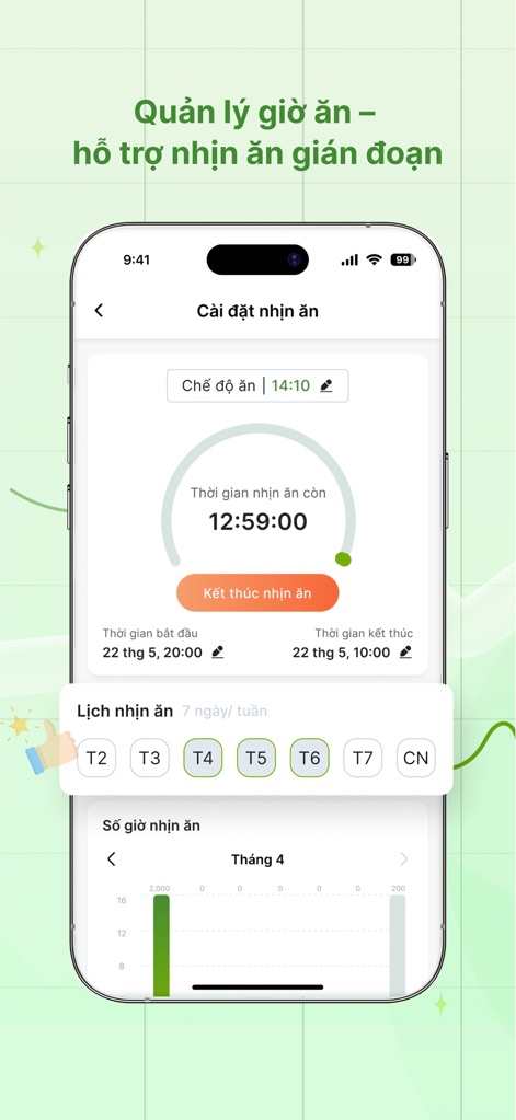 Caloer - Tính Calo & Giảm Cân - This tool helps users manage intermittent fasting with a clear countdown timer for their fasting window and a flexible weekly schedule for setting fasting days.