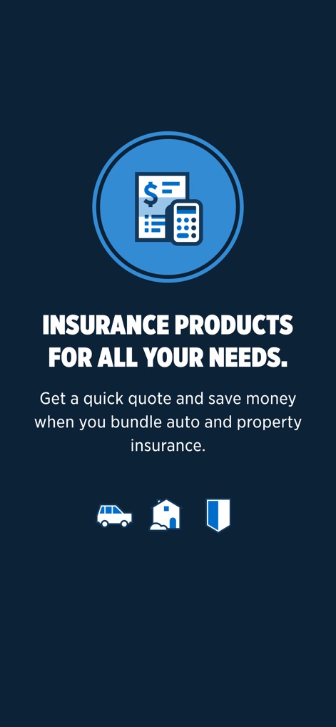 USAA Mobile - This screen highlights the app's centralized insurance product overview, complemented by visual cues for auto and property insurance options.