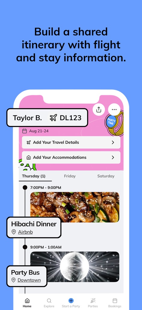 Batch: Let’s Party - The app facilitates shared planning with dedicated sections for travel details and accommodations, alongside a daily breakdown of events like 'Hibachi Dinner'.