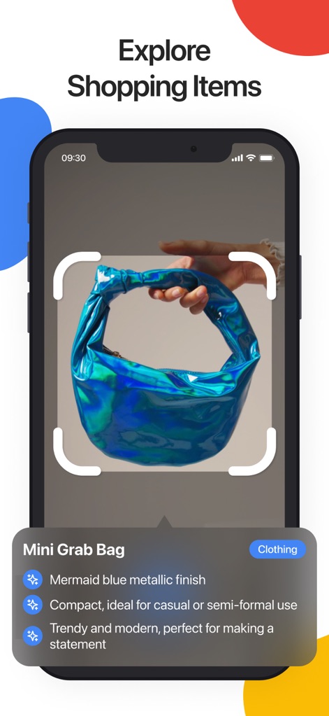 Lens Scan: Identify Anything - Users can explore detailed shopping items, like this "Mini Grab Bag" with its "Mermaid blue metallic finish" and descriptive features.