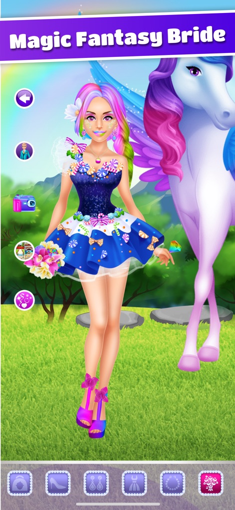 Wedding Makeover: Salon Games - Discover the app's imaginative options, showcasing a bride with colorful rainbow hair and a magical unicorn companion in a fantastical setting.