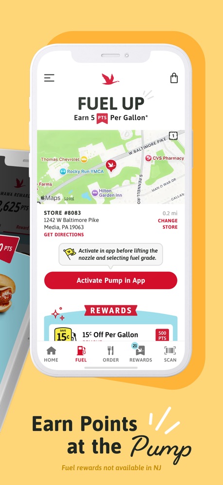 Wawa App Store screenshot 2, headline “Earn Points at the Pump”. Watch, iPad or Mac beside it.