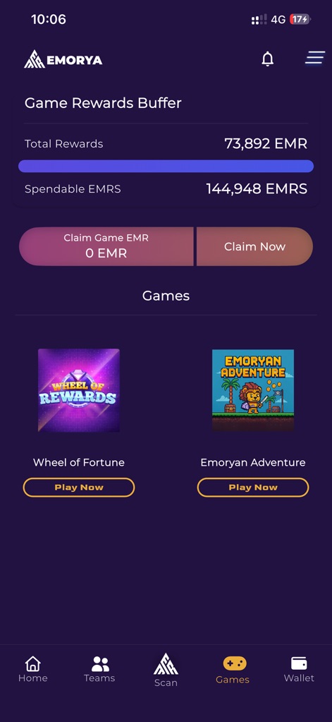 Emorya - 「ゲームリワードバッファー」で獲得可能な報酬額を管理し、「ホイール・オブ・フォーチュンなどのミニゲーム」でさらにEMRSを獲得できます。