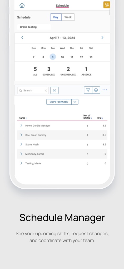 isolved People Cloud - The app empowers users with a comprehensive 'Schedule Manager', featuring flexible 'Day' and 'Week' views alongside a detailed list of team members, their assigned shifts, and total hours.