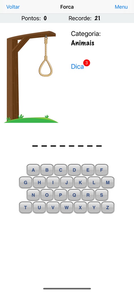 Forca - O melhor jogo da forca - Users can observe the iconic empty hangman gallows ready for play and the full interactive alphabet keyboard below.