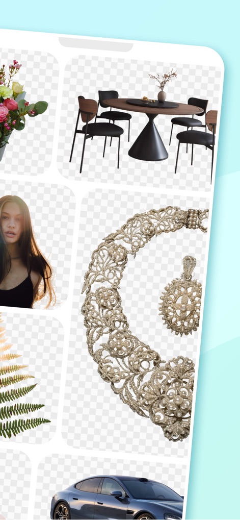 CocoAI - BG Remover - Users can see how the tool expertly removes backgrounds from a wide array of subjects, from intricate jewelry to full cars, showcasing its versatile cutout capabilities.