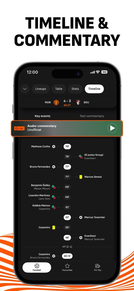 LiveScore: Live Sports Scores - Users benefit from real-time audio commentary and a dynamic "Timeline" that captures every critical event of the match.