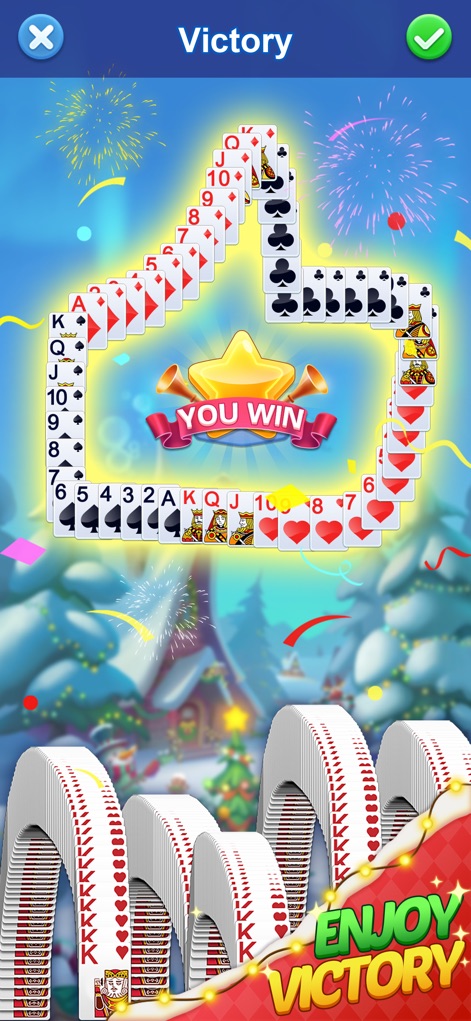 Solitaire 3D Fish - La celebrazione della vittoria è evidenziata da un'animazione spettacolare di carte che si dispongono a ventaglio e fuochi d'artificio, accompagnata dal chiaro messaggio "YOU WIN" che gratifica il giocatore.