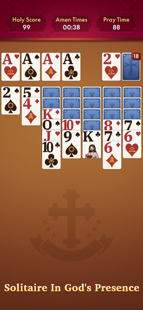 KJV Solitaire - Daily Bible - Questo scorcio del gameplay illustra la costruzione delle pile base (X) mentre l'utente procede nel gioco, e il monitoraggio degli "Amen Times" (Y) che celebra le interazioni spirituali accumulate.