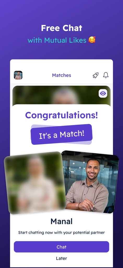 AlKhattaba - Muslim Marriage - Upon a mutual connection, the app displays an encouraging "It's a Match!" notification, providing immediate options to "Chat" or defer the conversation for later.