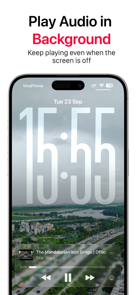 UbeCast - Esta tela demonstra o widget de música na tela de bloqueio, permitindo a reprodução de áudio contínua mesmo com a tela do dispositivo desligada.