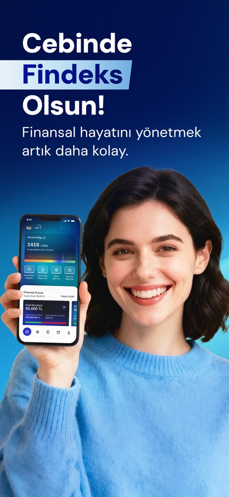 Findeks: Kredi Notu - Users can quickly access their current credit score and view a concise summary of their financial health on the main dashboard, all within a clean and intuitive interface.