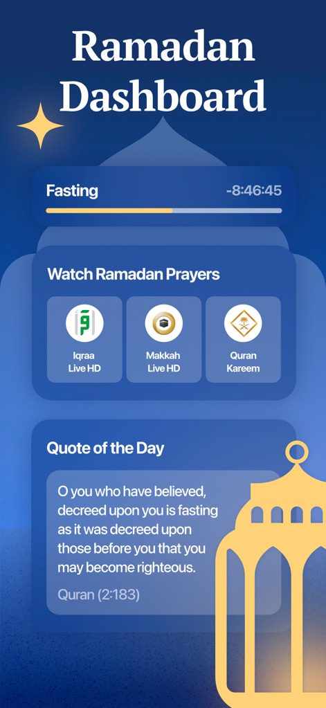 Athan Pro: Muslim Prayer Times - L'application présente un tableau de bord Ramadan complet, intégrant un compte à rebours visuel pour le jeûne et des liens vers des diffusions en direct de Makkah Live HD, soutenant ainsi les fidèles pendant le mois sacré.