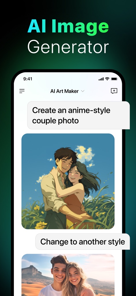 AI Chatbot & Design Assistant - O recurso "AI Image Generator" permite aos usuários criar imagens a partir de descrições textuais, demonstrado pela solicitação de uma "anime-style couple photo" e a opção de "Change to another style".