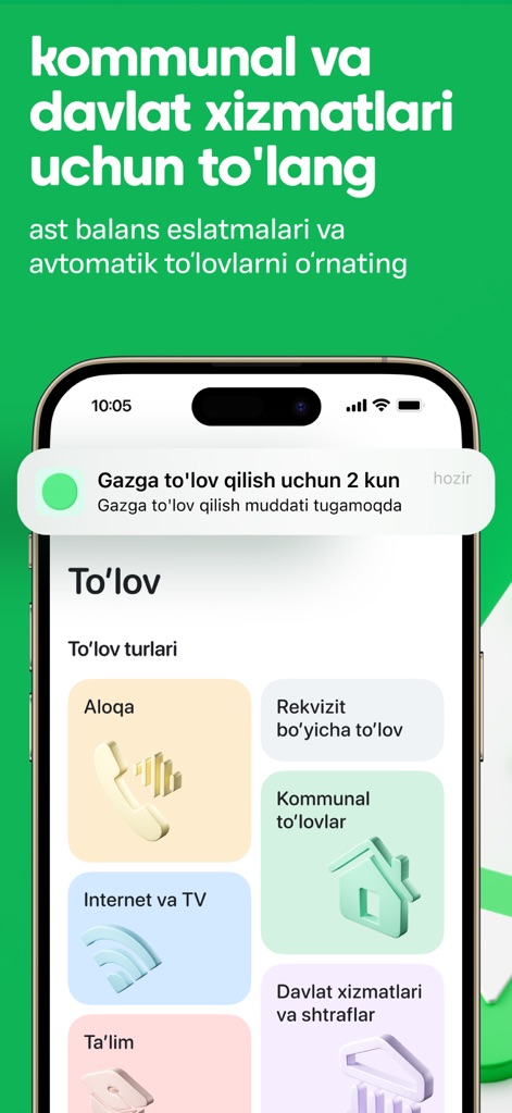 Paynet.uz - Explore the organized payment categories for utilities and government services, complemented by a timely notification for upcoming bill deadlines.