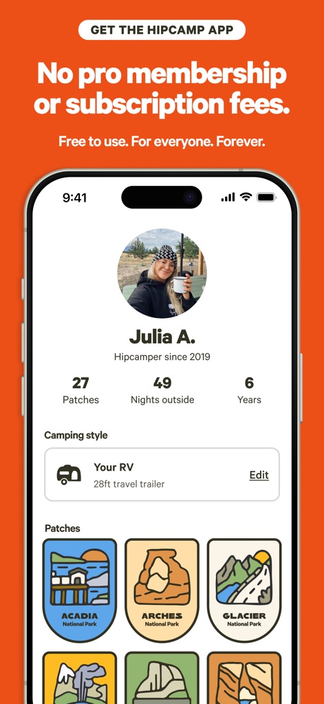 Hipcamp: Camping, RVs & Cabins - Ce profil personnalisé permet aux utilisateurs de suivre leurs aventures de camping ("Nights outside", "Years") et de visualiser leurs réalisations avec des "Patches" de parcs nationaux, tout en soulignant l'absence de frais d'adhésion.