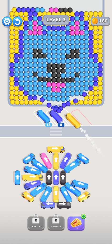 Bubble Bus: Parking Jam Puzzle - 猫の顔の形をしたバブルアートが愛らしく、中央に青いバスが集中する駐車場での課題が提示されています。