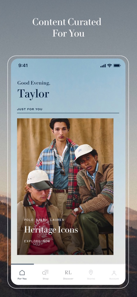 Ralph Lauren: Luxury Shopping - Experience personalized greetings and explore captivating editorial content, such as the "Heritage Icons" feature, curated specifically for individual style.