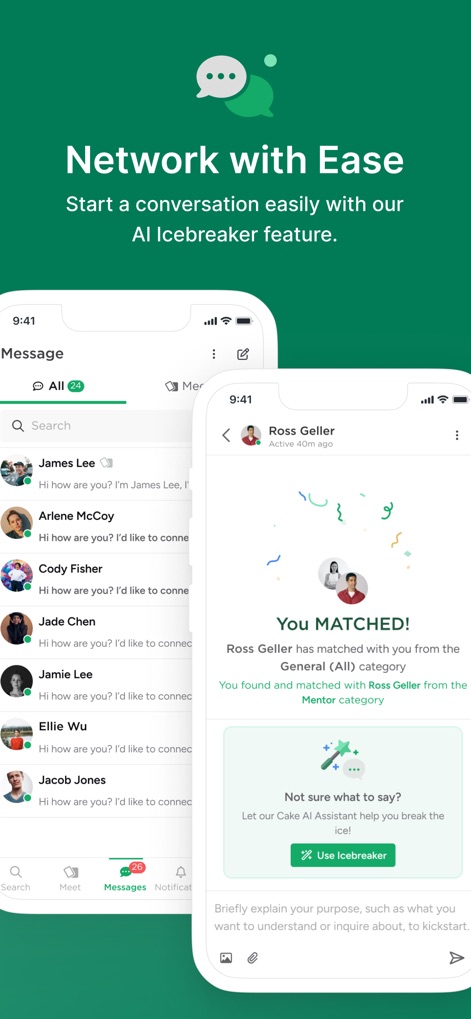 Cake: Job, Resume & Networking - This feature assists users in initiating conversations after a match, providing an intuitive 'AI Icebreaker' button and a clear message interface.