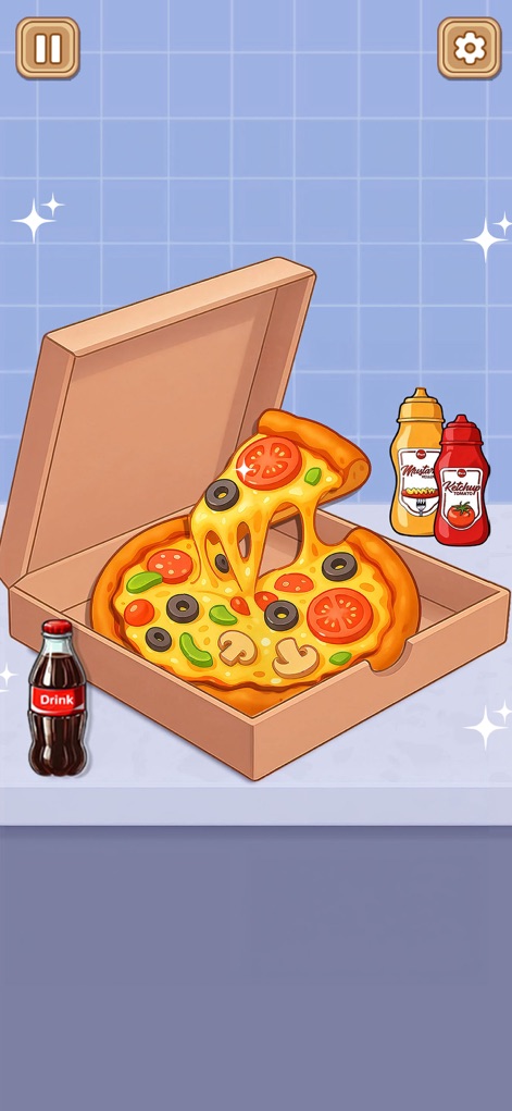 Crazy Kitchen Set Cooking ASMR - Este visual destaca uma fatia de pizza apetitosa sendo retirada da caixa, acompanhada de molhos e um refrigerante, evidenciando a experiência completa de refeição.