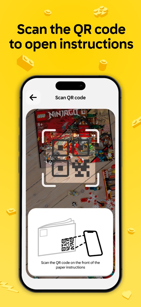 LEGO® Builder: 3D Instructions - Gain instant access to instructions by using the efficient QR code scanner feature, accompanied by clear guidance to 'Scan the QR code on the front of the paper instructions'.