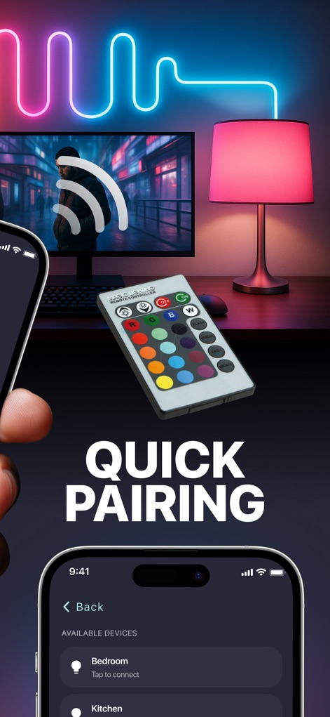 LED Light Controller Universal - La interfaz simplificada para el emparejamiento de dispositivos muestra una lista clara de dispositivos disponibles como "Bedroom" y "Kitchen", garantizando una configuración ágil para los usuarios.