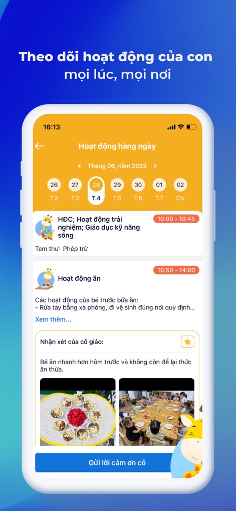 vnEdu Connect - The app tracks daily activities, allowing users to view detailed schedules and see accompanying photos and teacher comments for events like meal times.