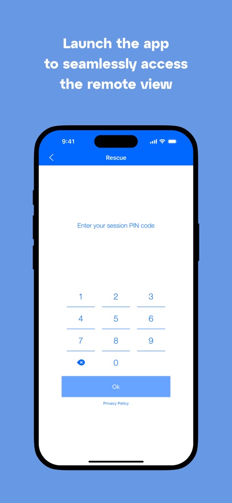 LogMeIn Rescue Customer - See how the app provides a clear 'Enter your session PIN code' prompt and an intuitive numeric keypad for secure access to remote support.