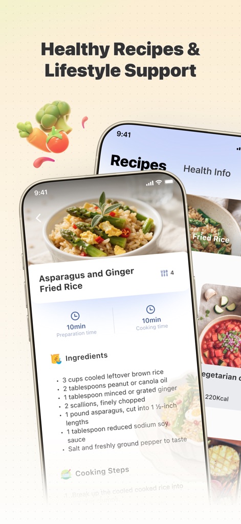 Health Partner: Pulse & Sugar - The app provides practical lifestyle support through its "Recipes" section, featuring detailed meal instructions for dishes like "Asparagus and Ginger Fried Rice" and a clear "Ingredients" list.