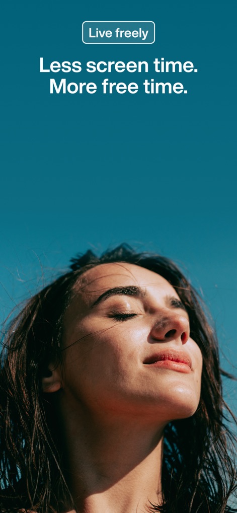 minimalist phone ® - The app's benefits are illustrated with a serene image of a woman enjoying freedom and a clear message promising 'Less screen time. More free time'.