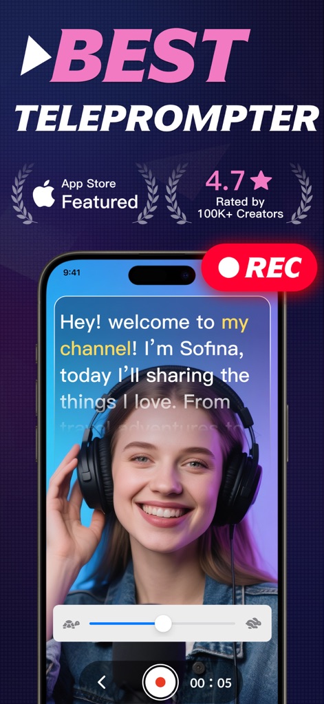 Teleprompter: Video Record AI - See how the app integrates teleprompter text directly into the recording interface and features a prominent 'REC' button for easy professional video capture.