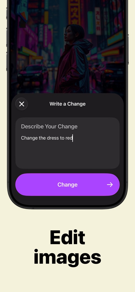AI Photo Generator: ImgAI - Observe how ImgAI simplifies image modification, allowing users to "Describe Your Change" with simple text prompts and apply them with a tap of the "Change" button.