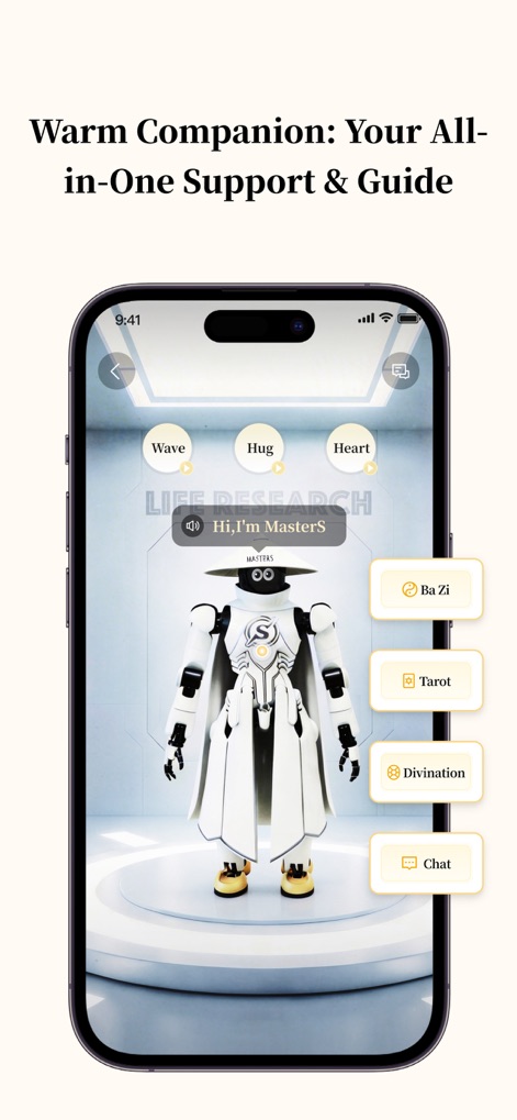SeerQ - See Beyond - Users can explore the Master.S AI companion, offering a range of spiritual services including "Ba Zi" and "Tarot" readings for comprehensive support.