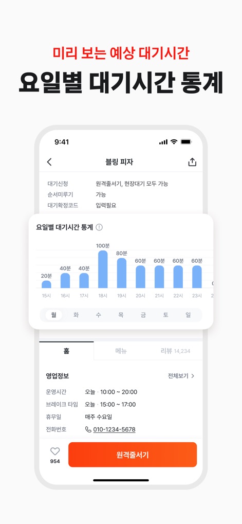 테이블링 - The app offers detailed '요일별 대기시간 통계' (Daily wait time statistics) through an intuitive bar chart, alongside essential business hours and a convenient remote queuing option.