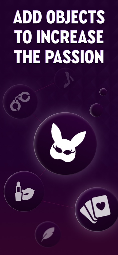 Couples games: Sex Roulette - The app lets users increase passion by adding objects, featuring a central masked bunny icon and surrounding options like handcuffs and playing cards.