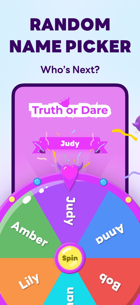 Spin Wheel - Random Pick - Discover the "Random Name Picker" feature for fair selections and the "Truth or Dare" game setup for social interaction.