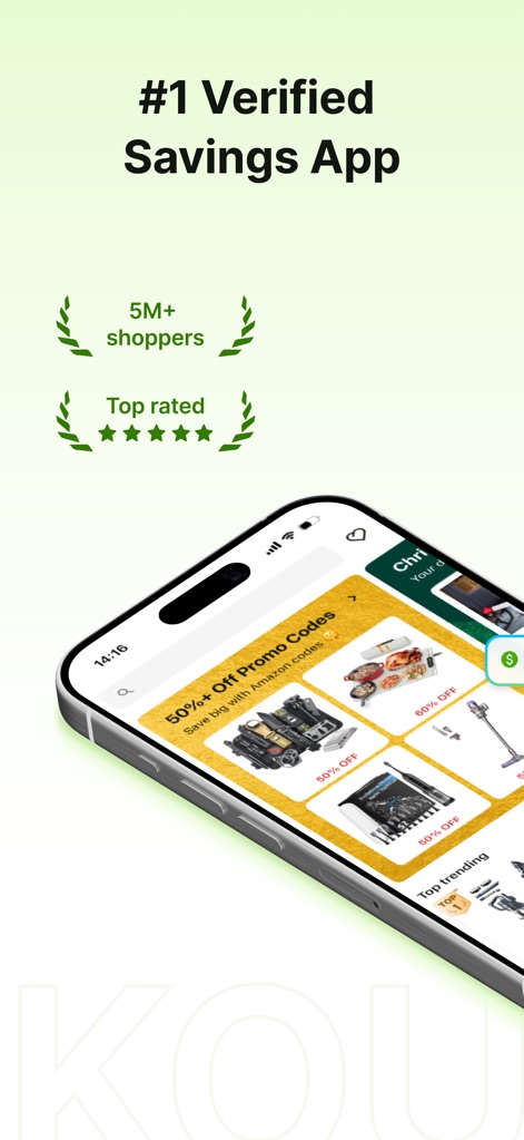 Koupon: Real Deals & Codes - This tool highlights its status as a top-rated app and showcases a variety of promo codes readily available on the main interface.