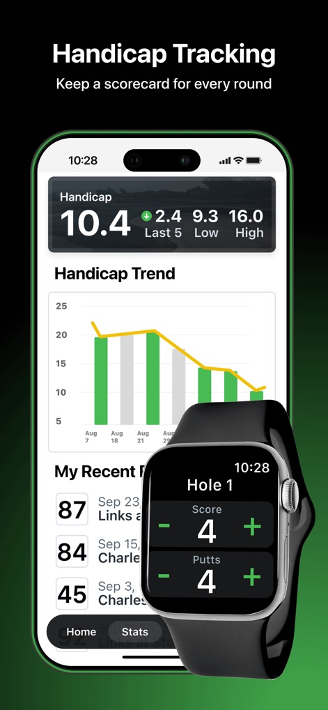SwingU: Golf GPS Range Finder - Users can monitor their game improvement with a detailed handicap trend graph and input scores and putts directly via the Apple Watch for comprehensive round analysis.