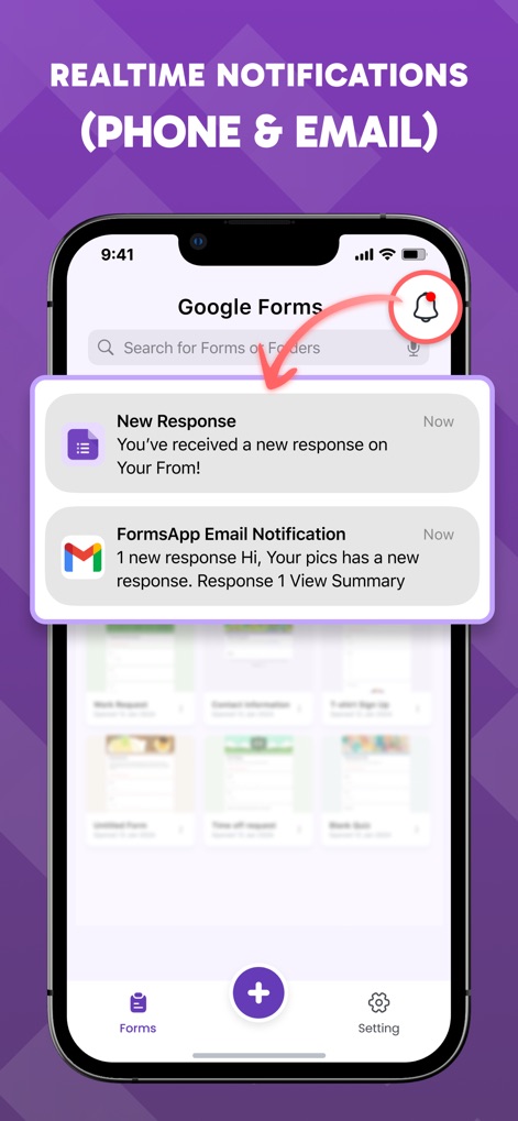Form For Google Forms & Docs - Stay informed with real-time notifications, showcasing both the 'New Response' phone alert and the 'FormsApp Email Notification' for incoming submissions.