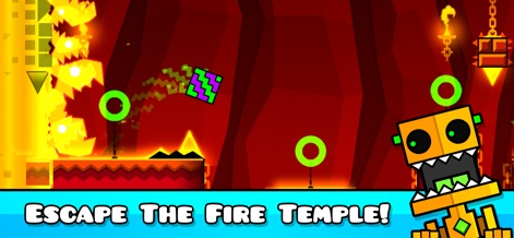 Geometry Dash Meltdown - Die App präsentiert ein feuriges Level-Design mit lavaähnlichen Texturen und einem geschickten Block-Charakter, der durch eine Passage voller scharfer Stacheln und leuchtender Ringe navigiert.