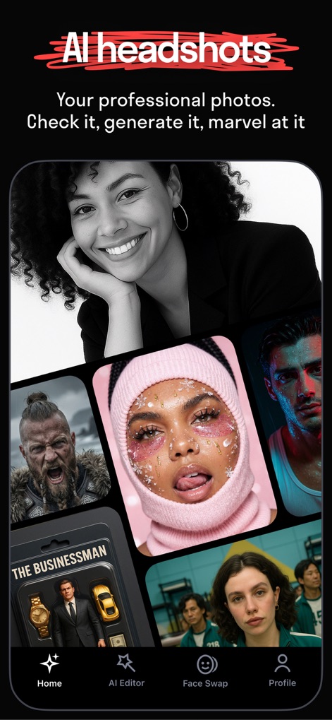 Reface: Face Edit AI Photo App - Questo strumento trasforma le foto in una galleria diversificata di ritratti e avatar, spaziando da un'immagine professionale in bianco e nero a stili più audaci come quelli ispirati a personaggi e tendenze attuali.