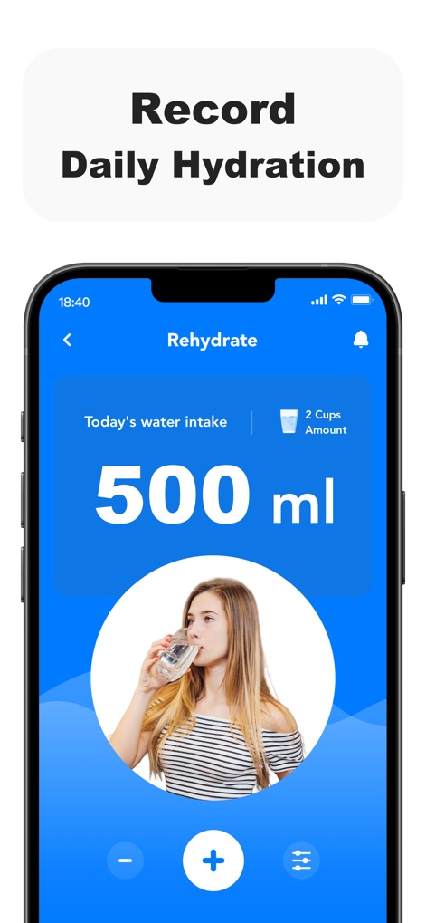Blood Pressure - Health Pulse - Los usuarios pueden registrar su ingesta diaria de agua, visualizada con un valor de "500 ml" y un ícono que representa el consumo de líquido.