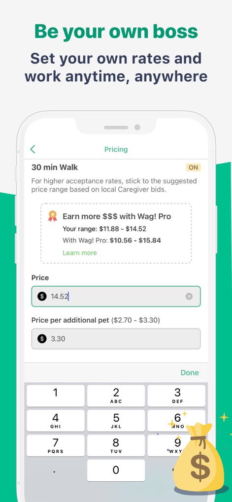 Wag! Pet Caregiver - This tool enables caregivers to customize their service prices, with options to adjust the 'price per additional pet' and view recommended 'suggested price range' for optimal bookings.