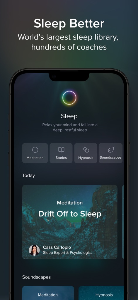 Aura: Meditation & Sleep, CBT - Explore the dedicated "Sleep Better" interface, revealing tailored options such as "Meditation" tracks and immersive "Soundscapes" to aid rest.
