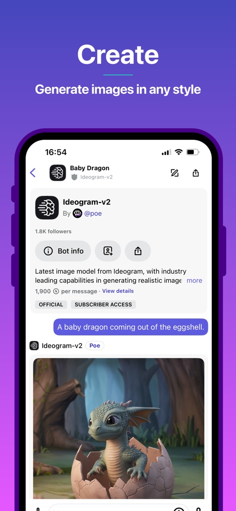 Poe – Fast AI Chat - Experience advanced multimedia capabilities with bots like 'Ideogram-v2', capable of transforming prompts into detailed images, as seen with the 'baby dragon' example.