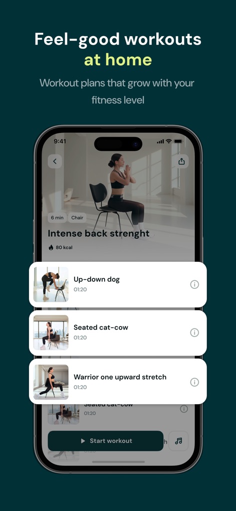 My Personal Challenge - Users can preview comprehensive workout plans such as "Intense back strength," examining individual exercise steps like "Up-down dog" and "Seated cat-cow" before starting their routine.