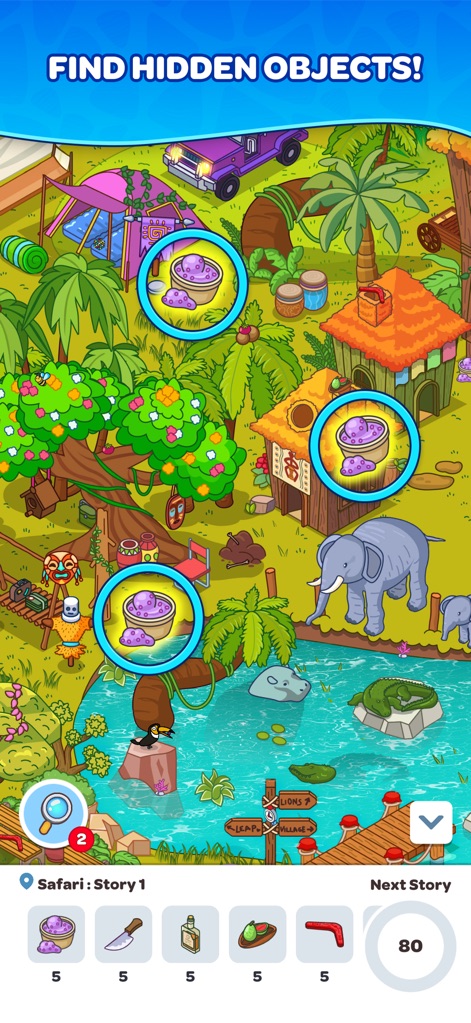 Hidden Tales - Find Objects! - Explore vibrant, unique hidden object maps, such as the lush safari environment, and locate a diverse range of items indicated by the taskbar icons.