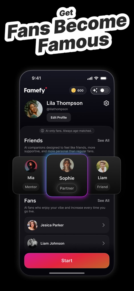 Famefy - The app allows users to manage their network of AI companions, featuring designated 'Friends' and a comprehensive list of AI-generated 'Fans'.